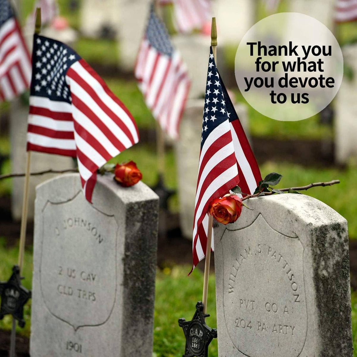 American flag lawn flags on stakes beside memorial stones, red stripes and blue star fields