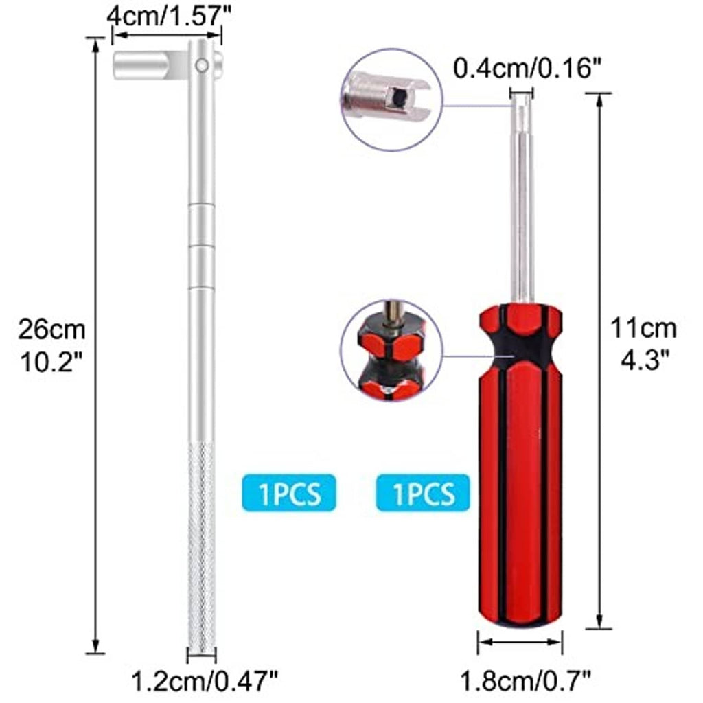 Tire valve stem puller tool with red grip handle, silver shaft, and measured dimensions