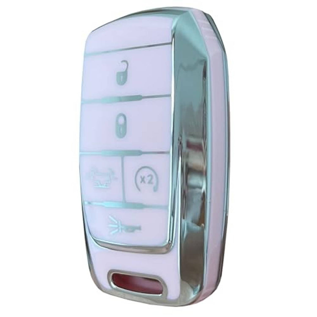 Pink key fob cover shell with teal frame and chrome bumper, side view