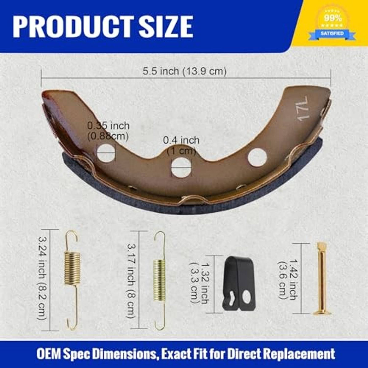 Brown golf cart brake shoe pad with size markings and matching spring and clip parts