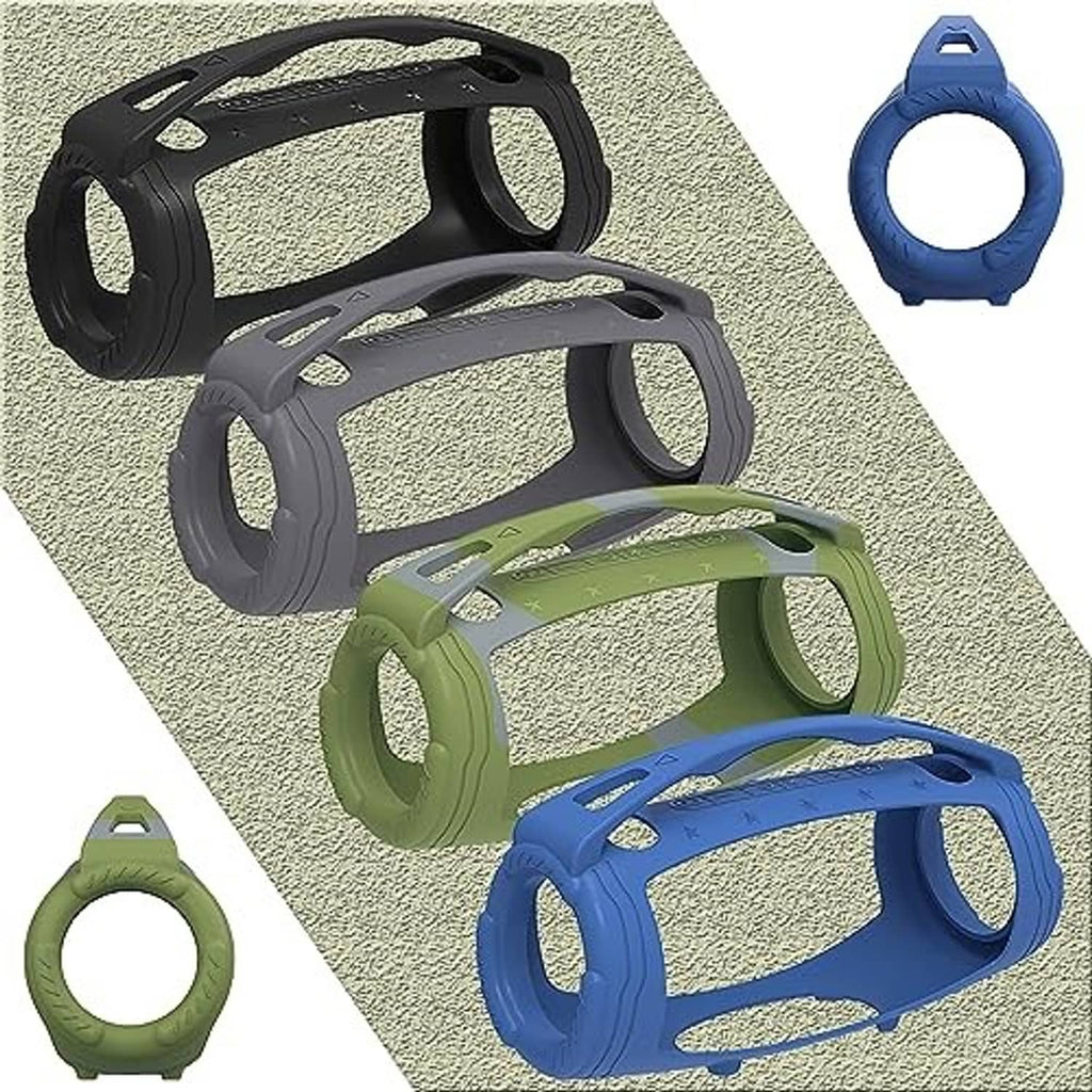 Silicone speaker cases in green, blue, and black with carry handle