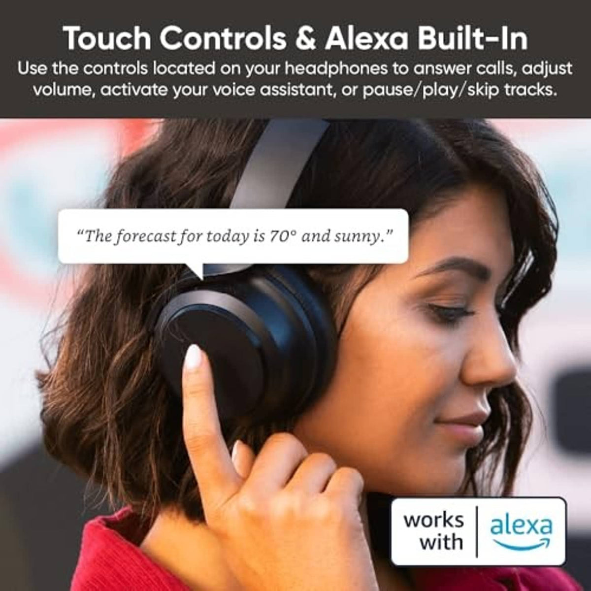 Over-ear wireless noise-cancelling headphones on a person, hand touching the earcup.