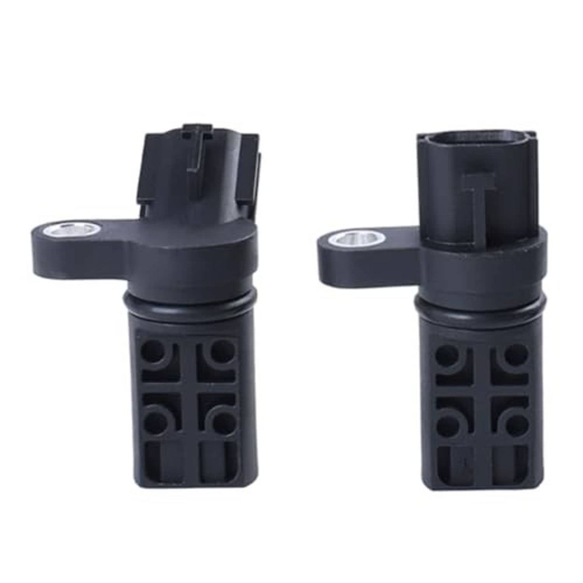 Two black camshaft position sensors with front connector openings and metal ring caps
