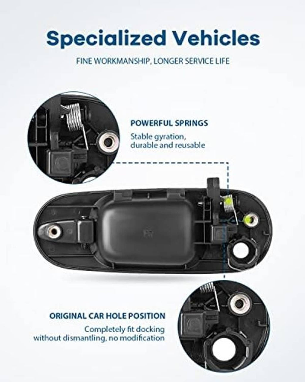 Exterior door handle with internal components in cutaway/exploded view