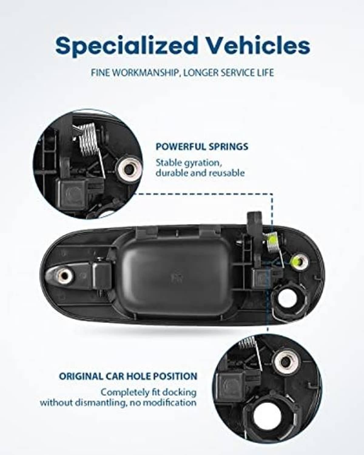 Exterior door handle with internal components in cutaway/exploded view