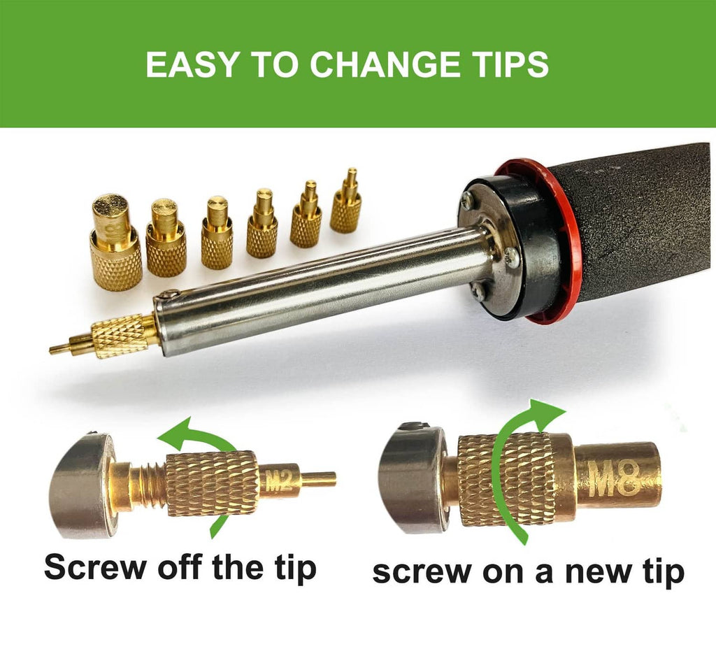 Soldering iron tip with screw-on inserts and gold threaded nozzles