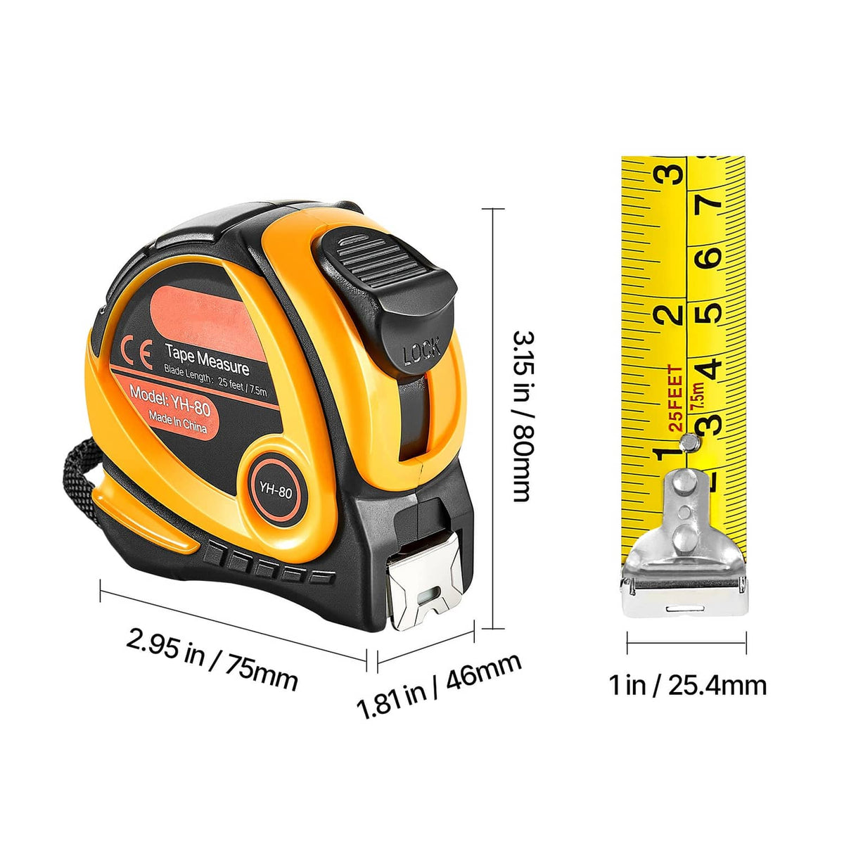 Retractable tape measure with yellow tape reel and side dimensions, plus measuring strip.