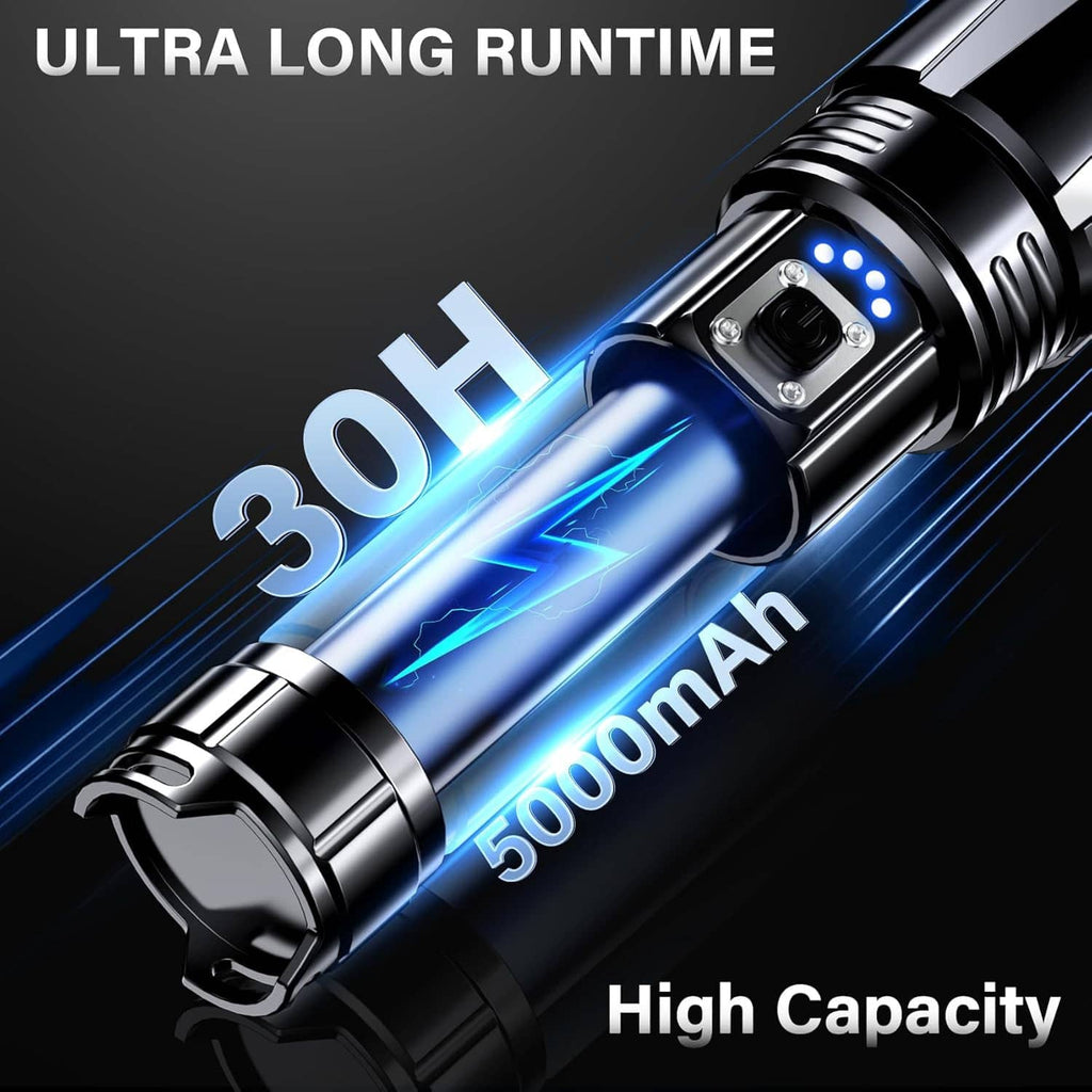 Black rechargeable LED flashlight with high-capacity 5000mAh battery label