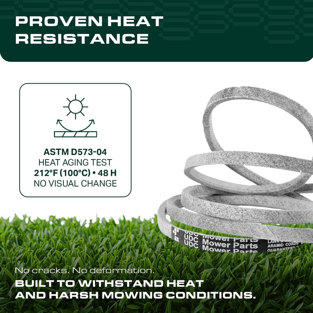 Gray aramid deck belt on grass with heat-resistance test graphic