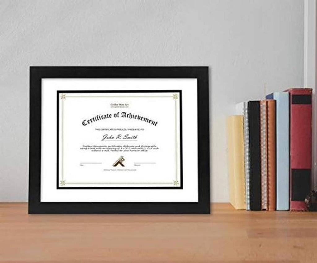 Black wood certificate frame with white mat and clear display window