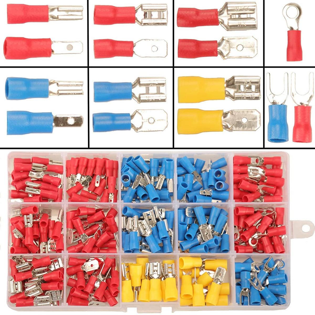 Assorted insulated spade crimp connector kit in box: red, blue, yellow sleeves