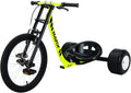 Yellow-and-black drift trike with black seat and two front caster wheels