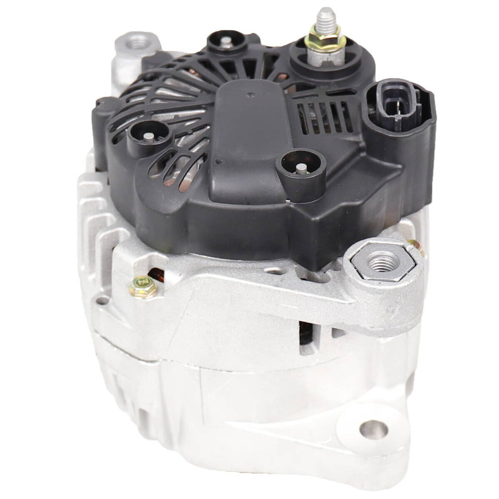 Alternator side view with black regulator block and gray electrical connector mount