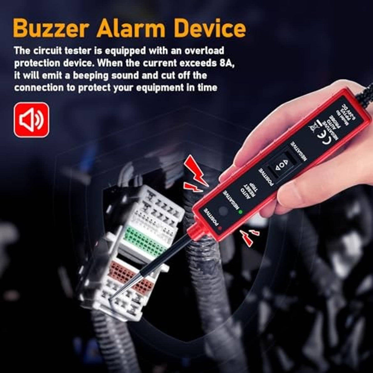 Red automotive circuit tester with probe tips and connected wiring harness