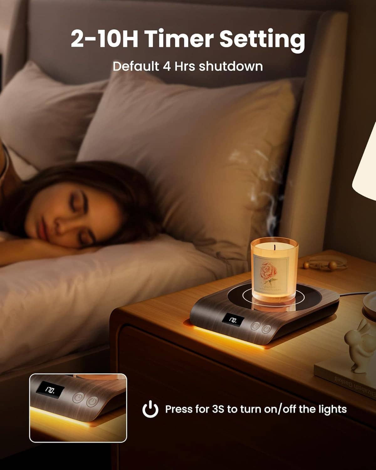 Coffee mug warmer on bedside table, warm cup glow with LED control panel