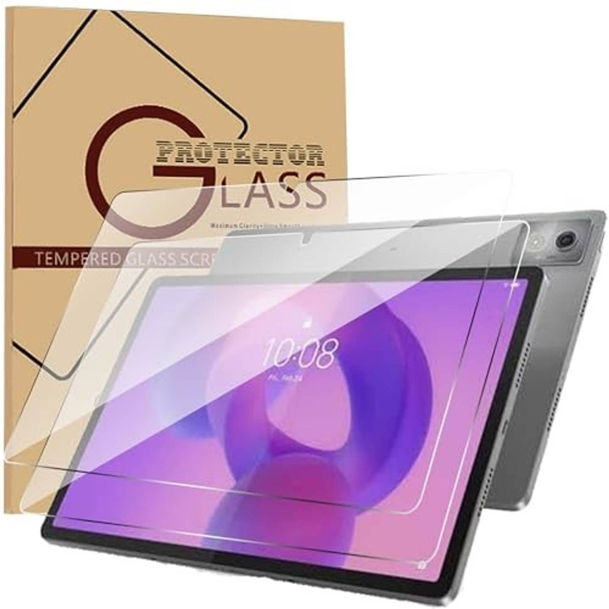 Tempered glass screen protector set with box, layered on tablet screen