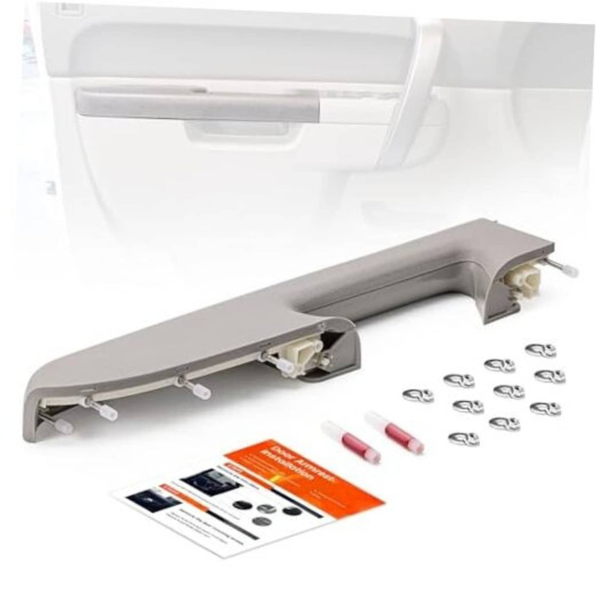 Gray front door panel armrest repair kit with handle cover and mounting hardware