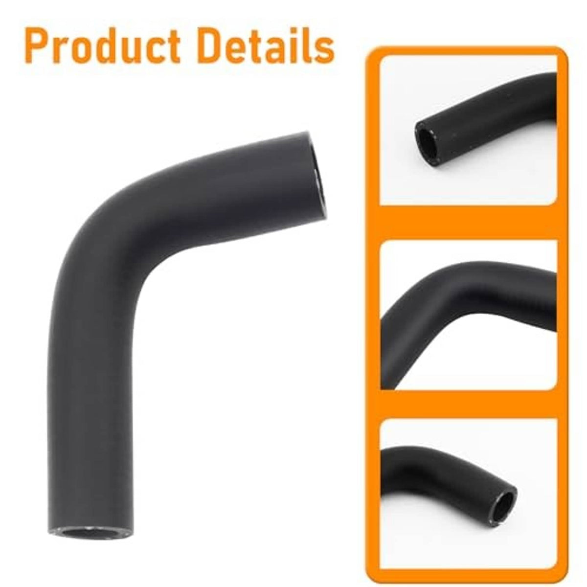 Black molded rubber hose elbow with smooth finish and open ends, close-up