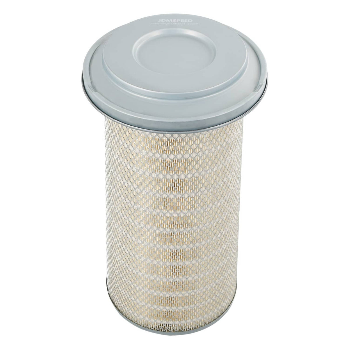 Air filter element top view with gray circular cap and pleated mesh body