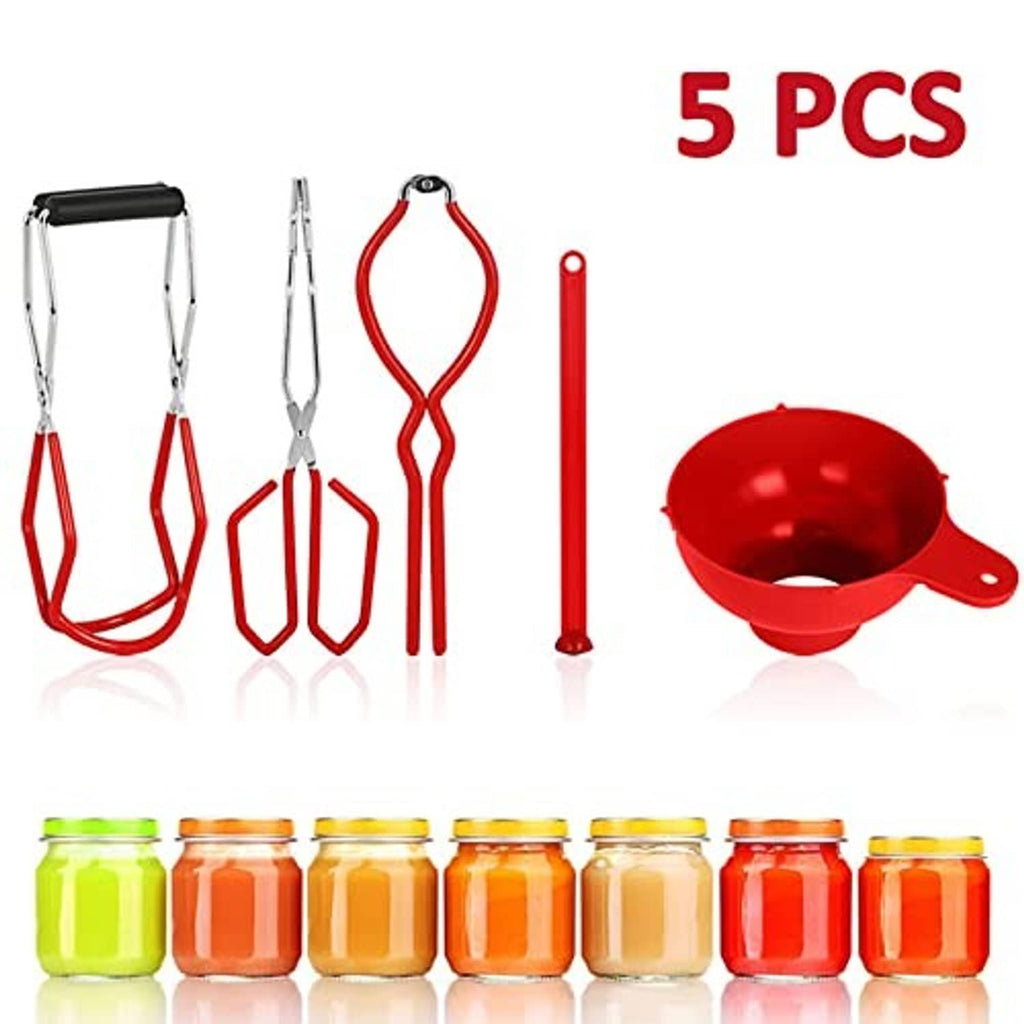 5-piece red and silver canning accessories set with funnel and tongs