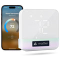 White smart thermostat with digital display and Matter logo panel