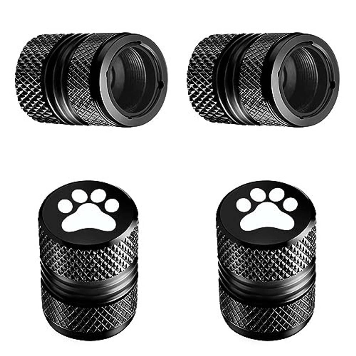 Four-pack of black tire valve stem caps with paw-print emblem and knurled grip