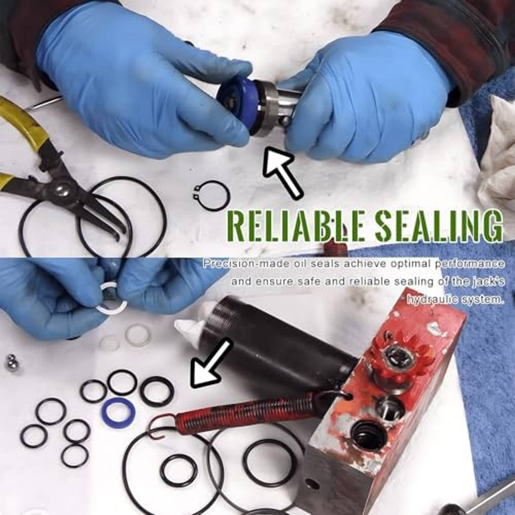 Seal repair kit installation with rubber O-rings and oil seals on a floor jack body