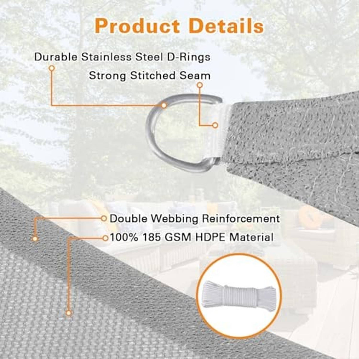 Grey sun shade sail fabric with reinforced seam and metal D-ring grommet