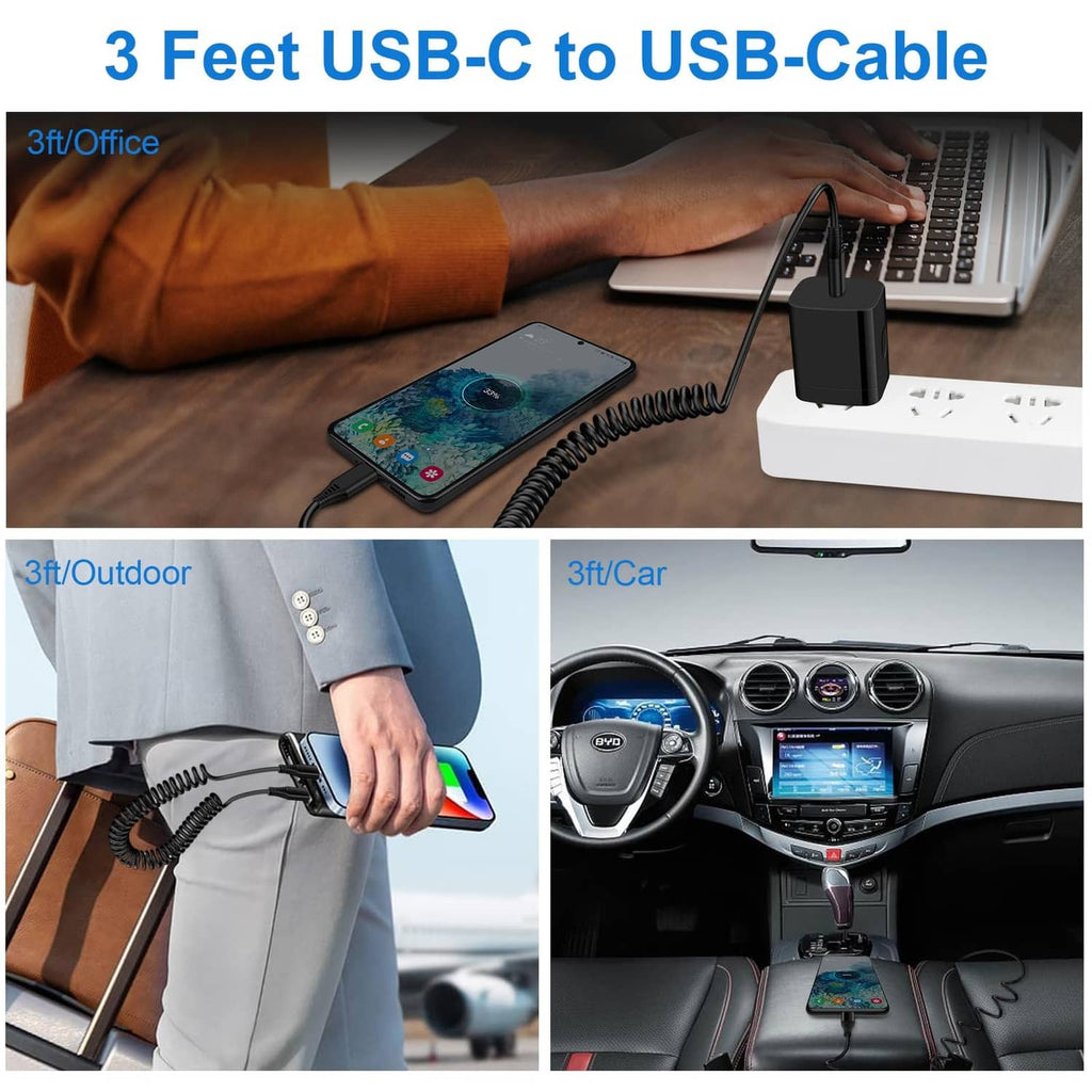 Coiled USB-C to USB-C charging cable, black, 3 ft, with two USB-C connectors