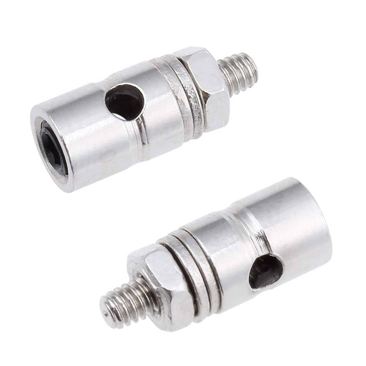 Silver RC linkage stopper connectors, close-up of two threaded units