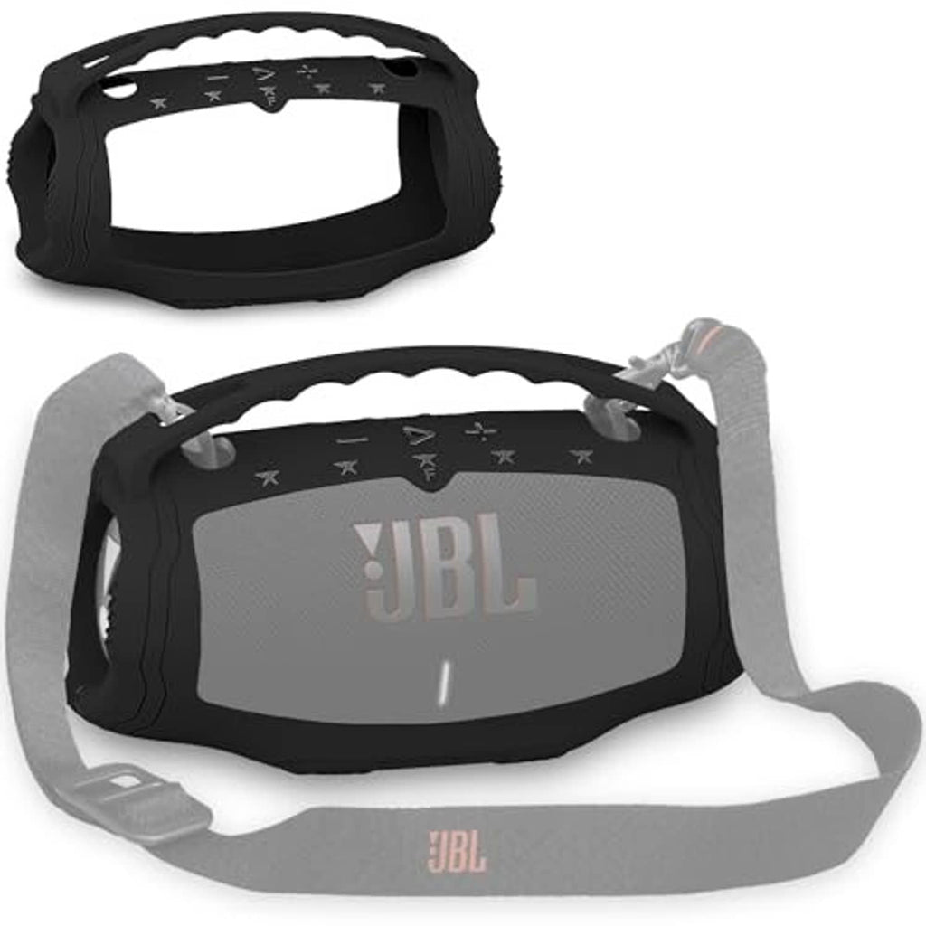 Black silicone speaker case with front JBL logo and side strap openings