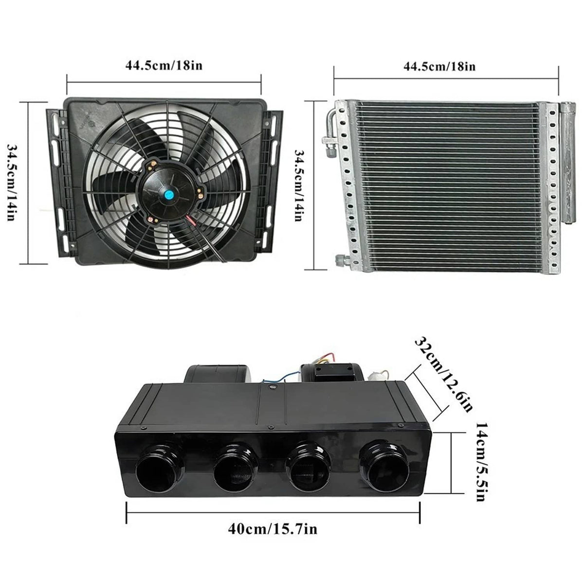 12V underdash car A/C unit with fan grille, condenser radiator, and vented control housing