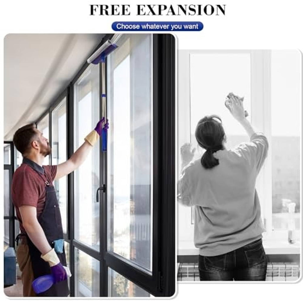 Telescopic window squeegee with long pole for cleaning large panes at varying heights