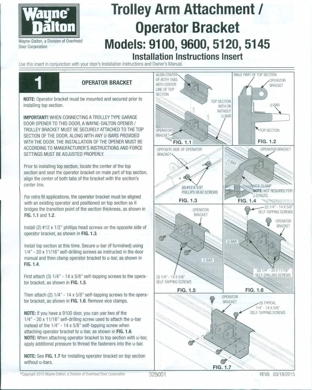 Installation instructions for trolley arm operator bracket, diagram sheet and steps