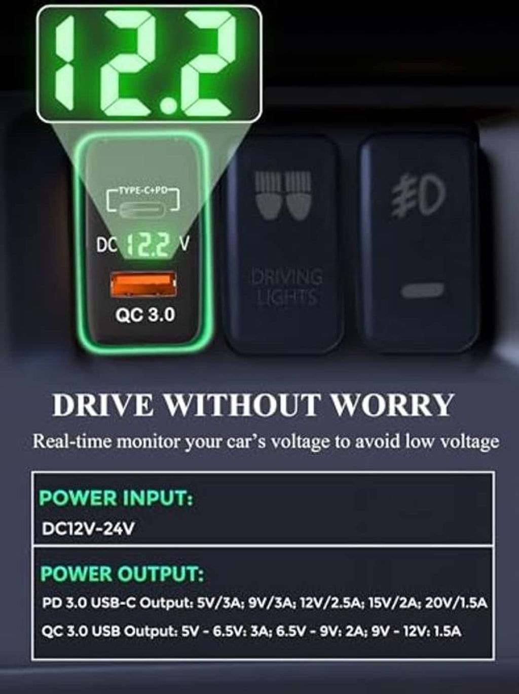 Dual USB car charger with bright 12.2V LED, Type-C PD and QC 3.0 port
