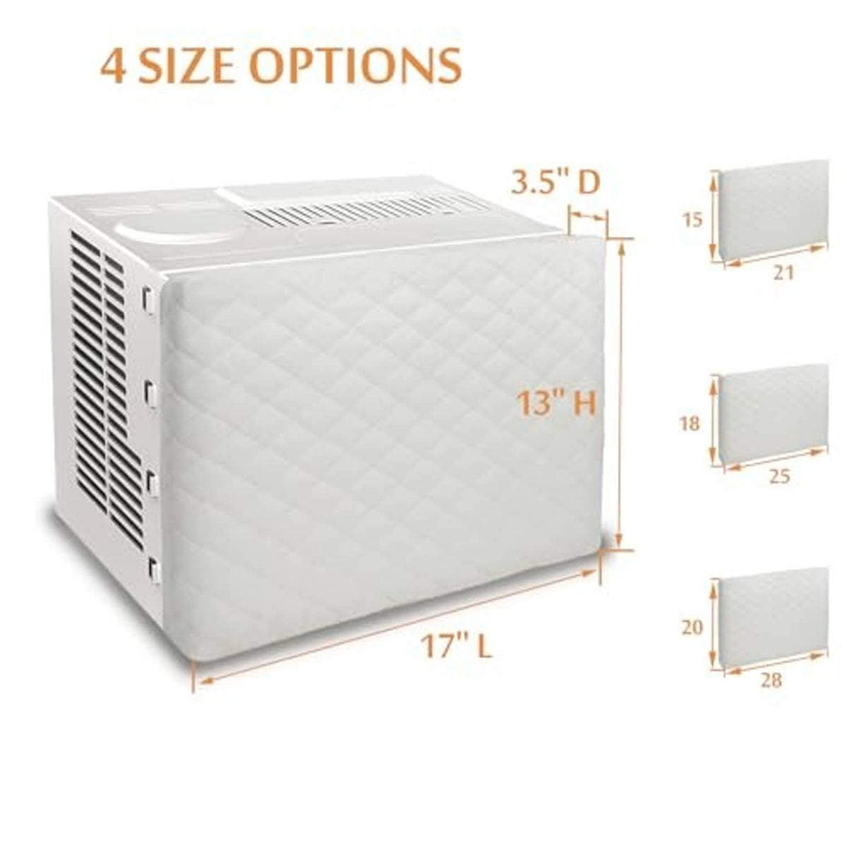 Beige double-insulated indoor AC cover with size dimensions, quilted rectangular shape