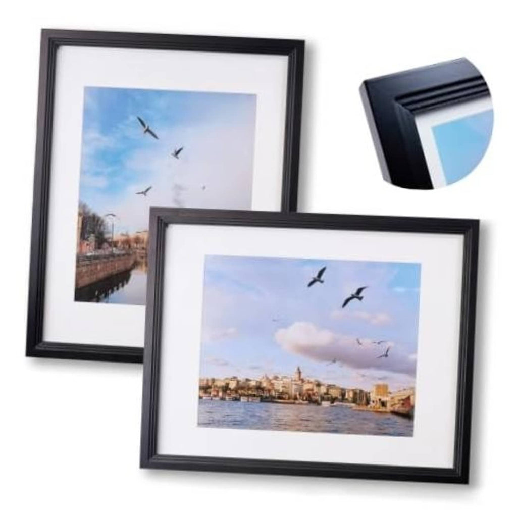 Black 11x14 wooden picture frame set, showing front with glass and photo