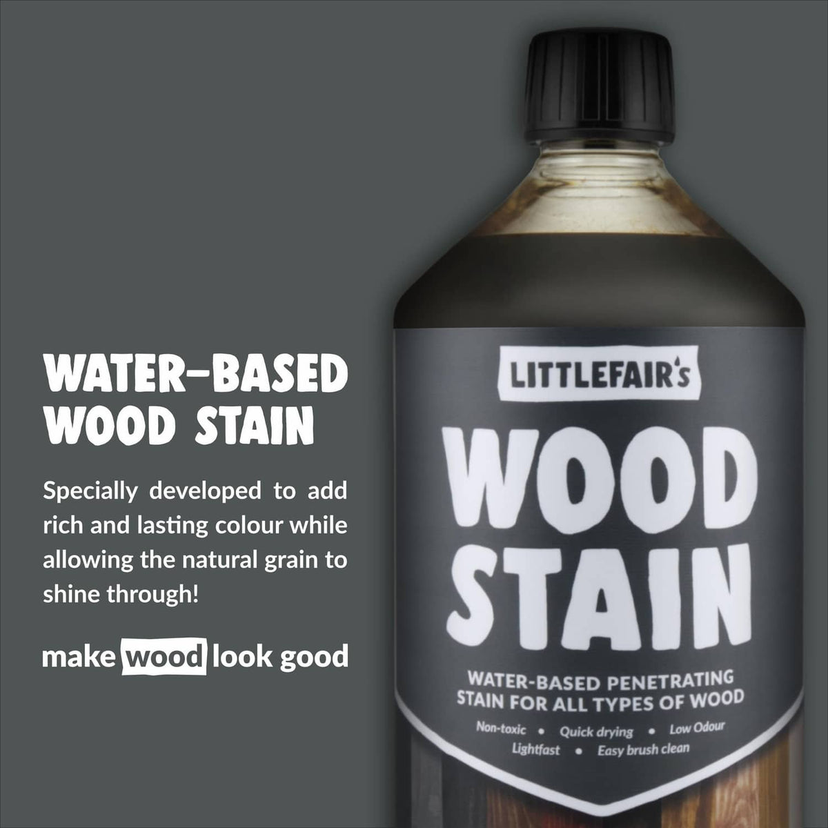 Water-based wood stain bottle front label on dark brown capped container