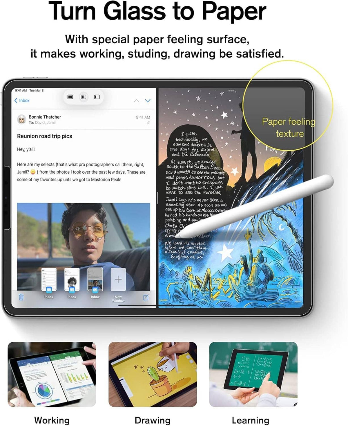 Screen protector with paper-feel textured surface shown on tablet display with stylus