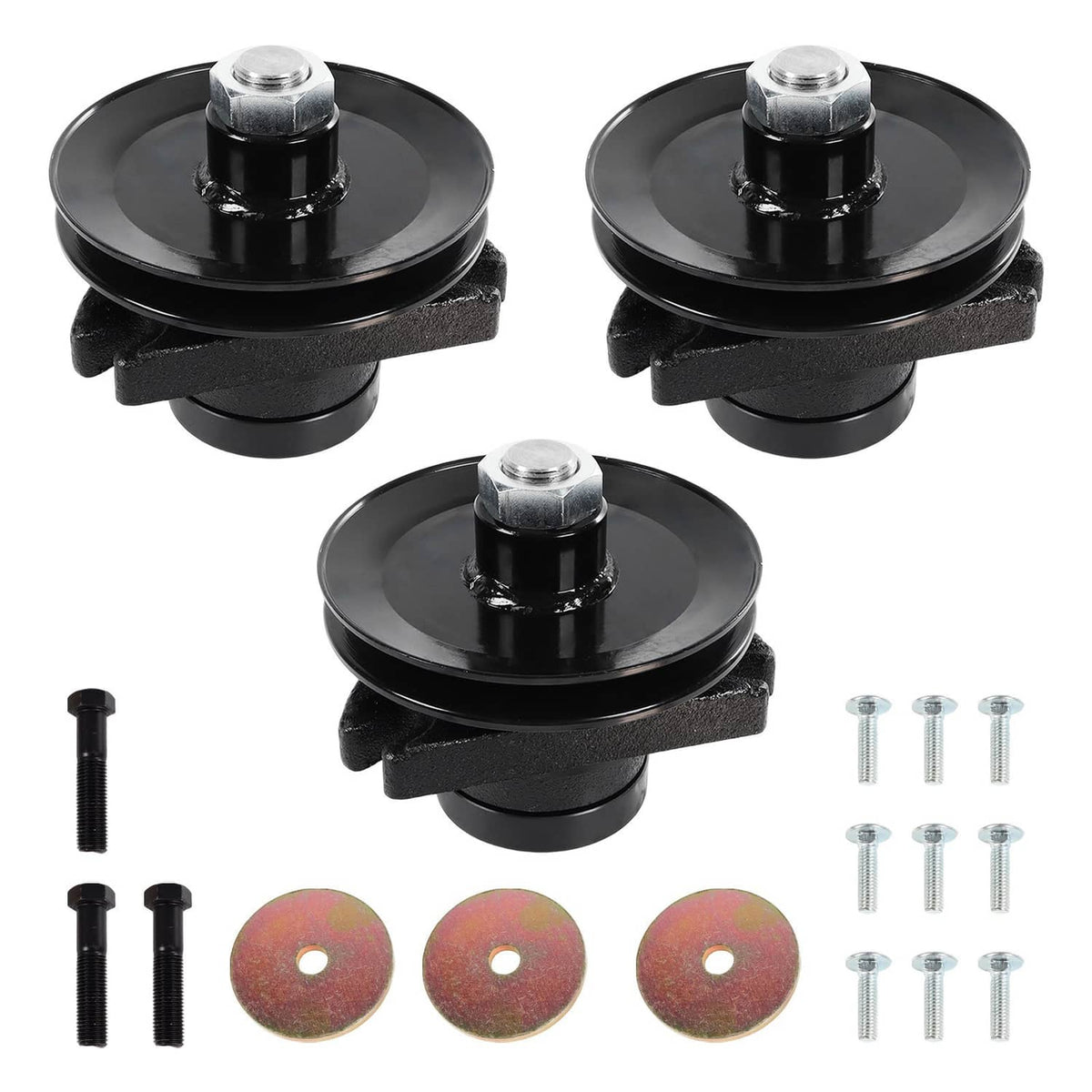Lawn mower deck spindle set with black spindles and mounting bolts, plus washers