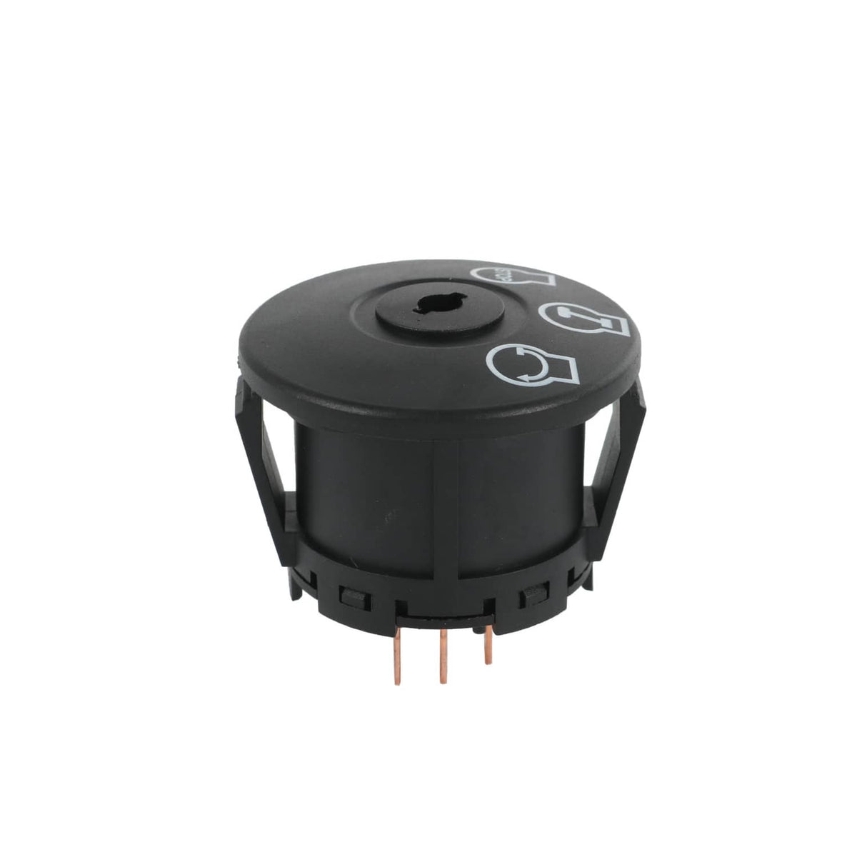Black ignition switch top with key slot and marked control icons