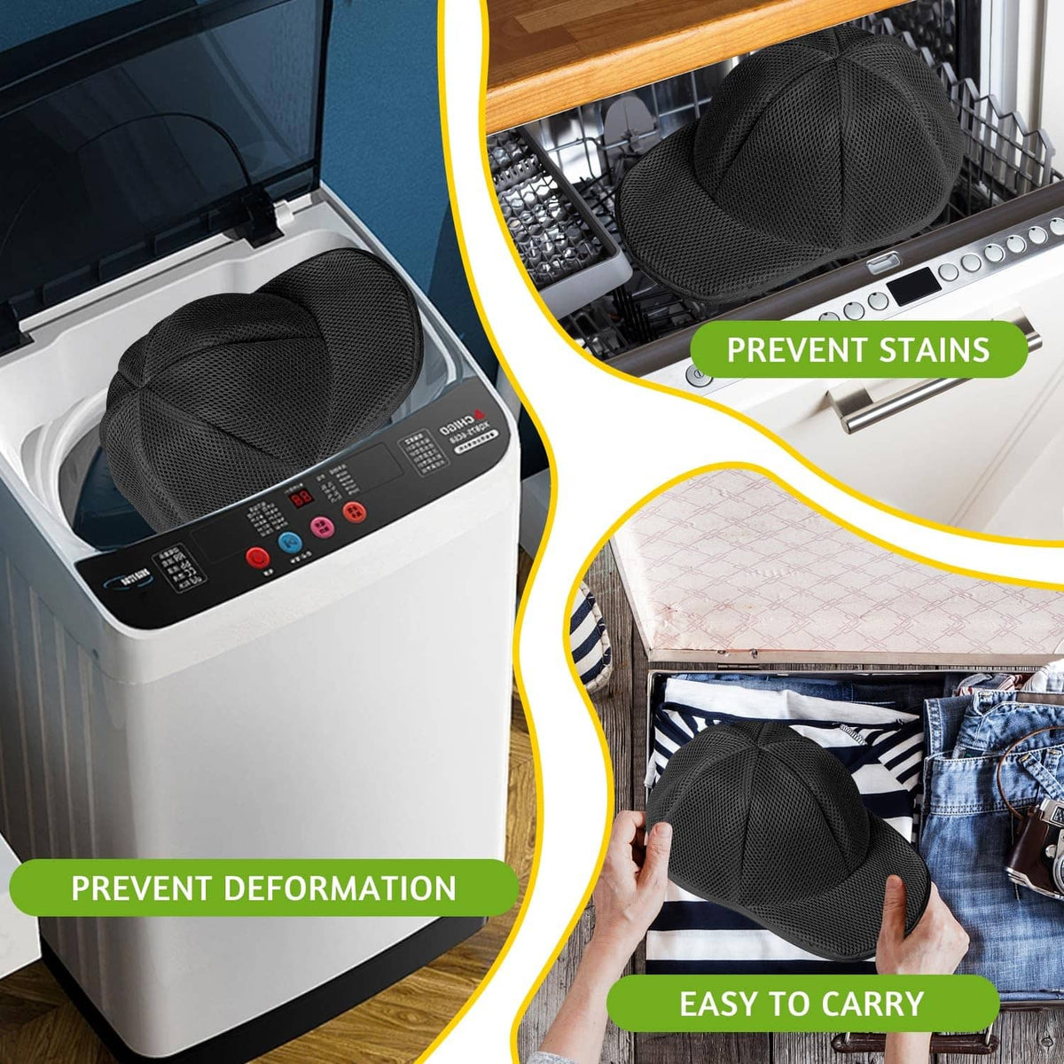 Black hat washer cage placed in a washing machine drum with cap inside
