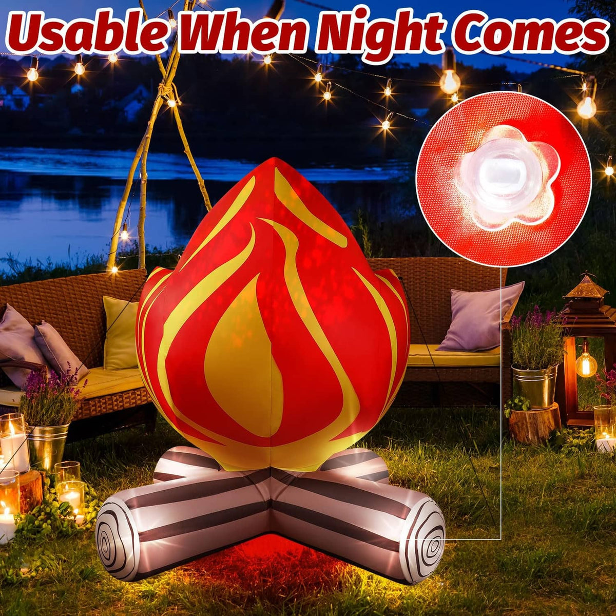 Inflatable campfire decoration with built-in LED flame light and brown log base