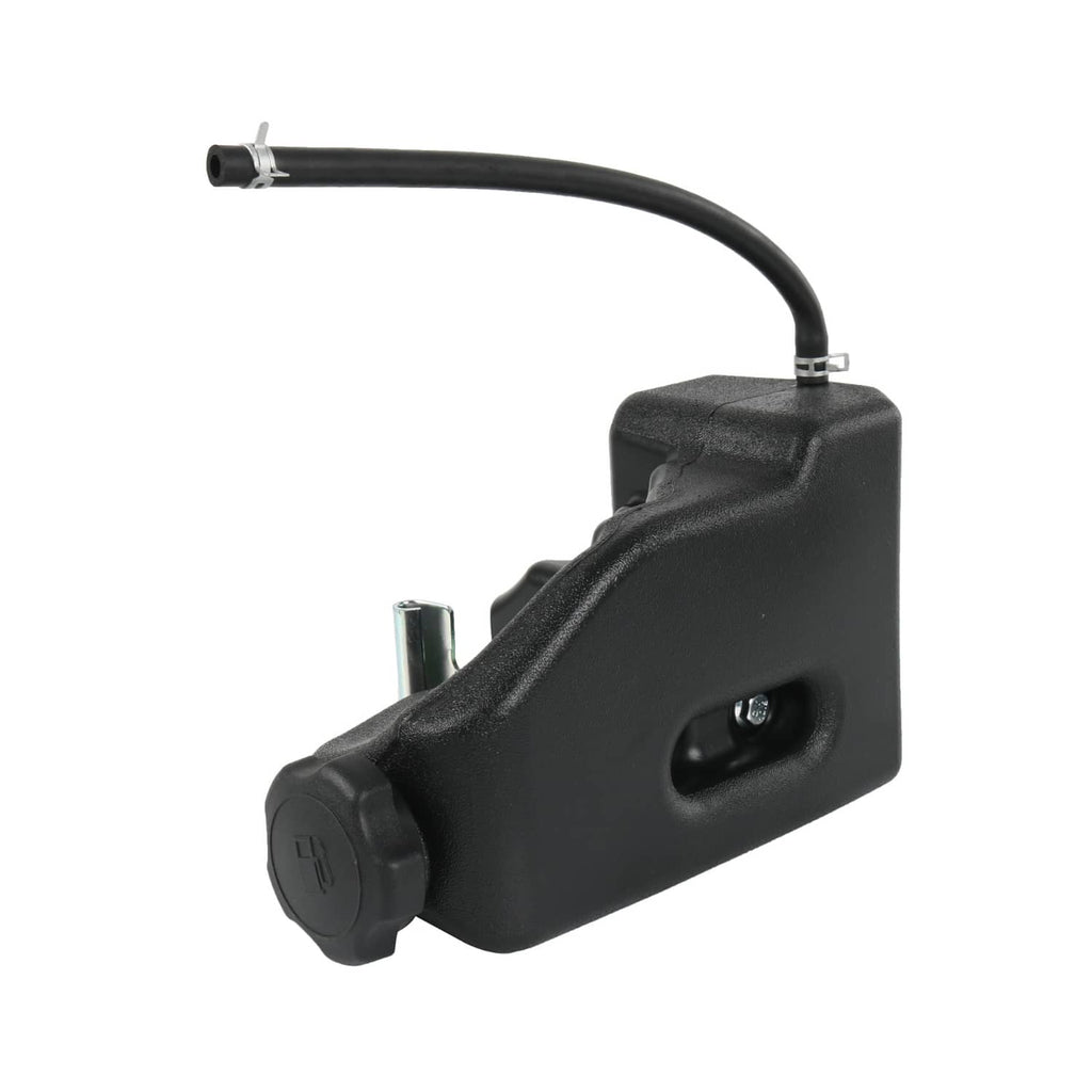 Black fuel tank with side outlet, cap, and curved fuel hose with fittings