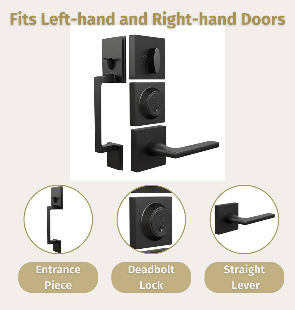Matte black reversible entry door handleset with lever and deadbolt lock