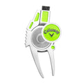4-in-1 golf divot repair tool in silver with lime accents and Callaway logo