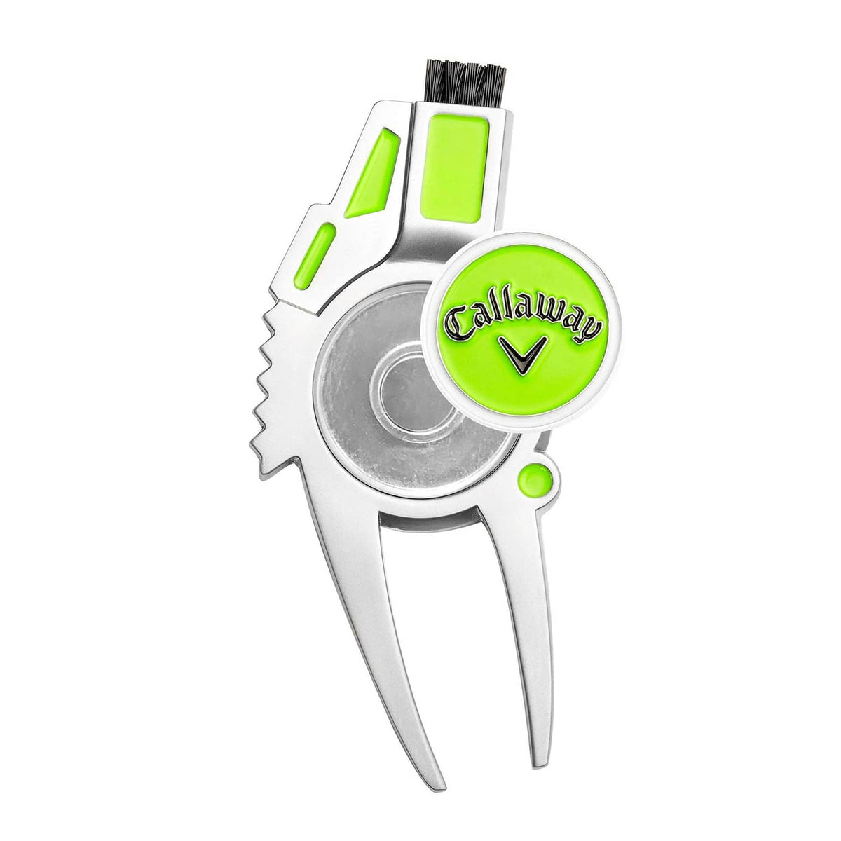 4-in-1 golf divot repair tool in silver with lime accents and Callaway logo