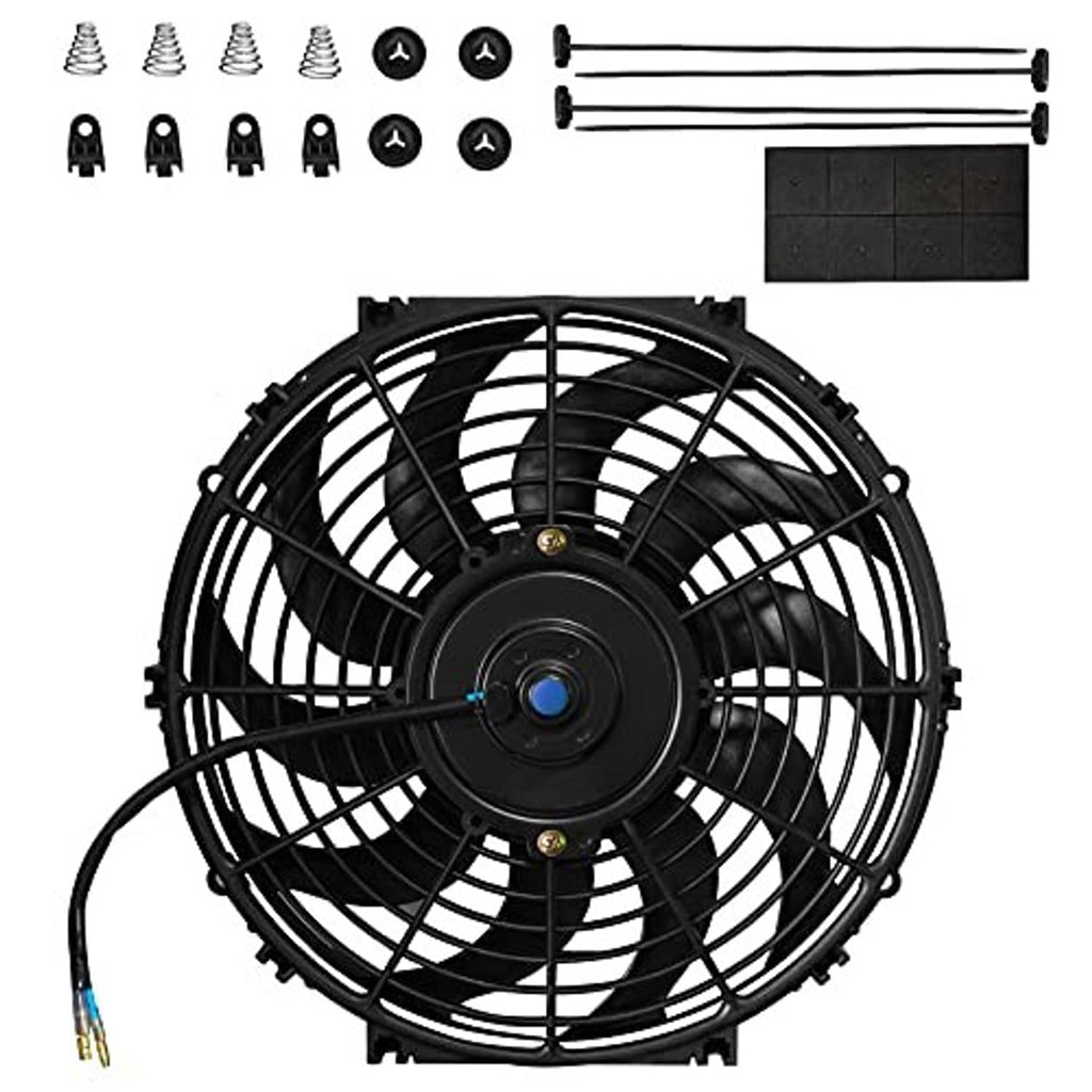 Automotive electric cooling fan front view with black wire grille and blue wire connector