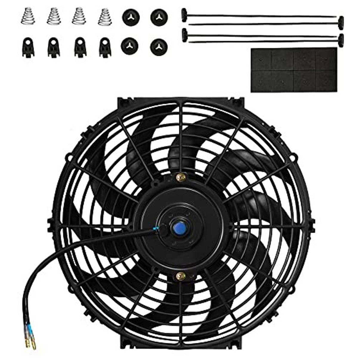 Automotive electric cooling fan front view with black wire grille and blue wire connector