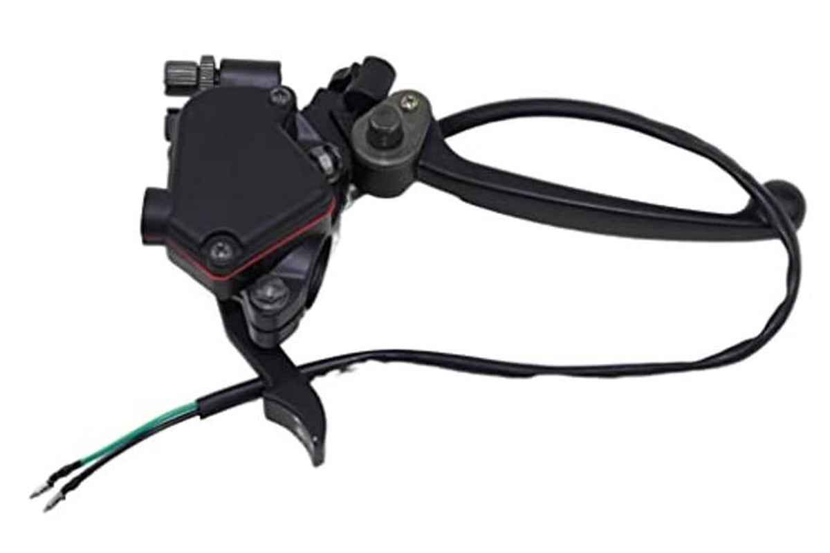 Dual brake lever with thumb throttle grip and bundled black control cables